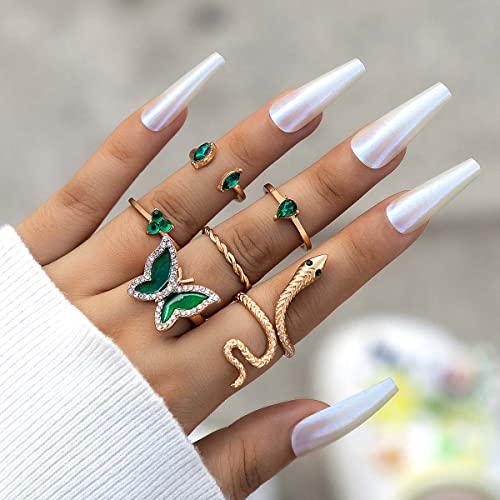 Carufin 6 Pezzi Verde Butterfly Knuckle Cristallo Snake-shape Anello Set Goccia d'acqua Imitazione Smeraldo Finger Joint Anello impilabile Gioielli per le donne e le ragazze