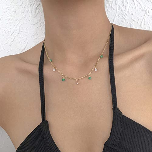 Dervivea Boho Cz Collana girocollo con ciondolo Collana con perline di cristallo verde Collana girocollo con strass minimalista Collana piccola in pietra naturale Gioielli a catena per donne e ragazze