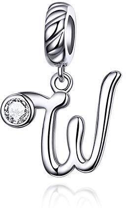 LaMenars Ciondolo con Lettera Dell'alfabeto in Argento Sterling 925 Charm Bead con A alla Z Pendente con Zirconia Cubica Compatibile con Pandora e Europei Bracciale Collane da Donna (Letter W)