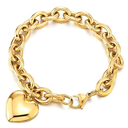 COOLSTEELANDBEYOND Oro Color Rolo Catena Charm Bracciale Soffio Cuore, Braccialetto di Fascino, Acciaio Inossidabile, Link Lucido