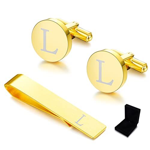 Diamday Gemelli & Fermacravatta Uomo con Iniziali Alfabeto Lettera A-Z Gemelli Fermacravatta Oro personalizzato in acciaio inox Regalo con Scatola per Matrimonio, Sposi, Marito, Padre