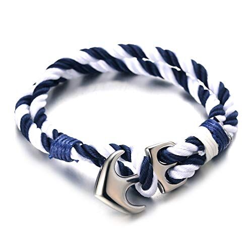 HALUKAKAH ● VELA ● Uomini Bracciale in Corda di Nylon Multicolore Blu e Bianco Fatto a Mano Chiusura con Ancora in Argento 8.26"(21CM),con Confezione REGALO Gratuita