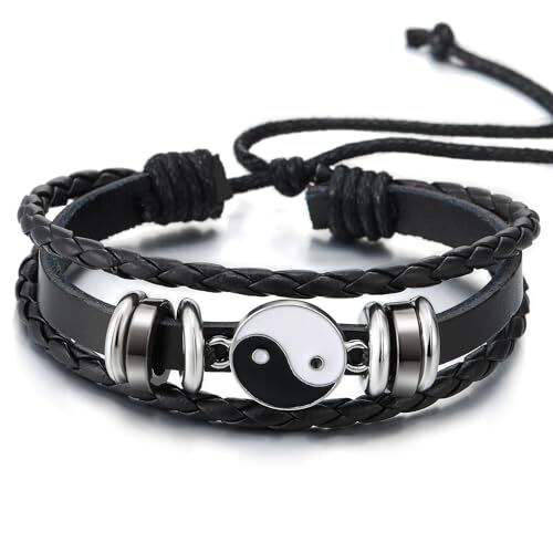 COOLSTEELANDBEYOND Yin Yang Charms Bracciali, Nero Pelle Tre Filoni, Uomo Donna Braccialetto Avvolgere Fascia di Polso