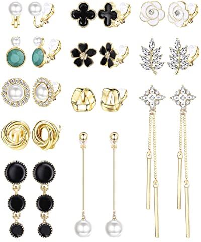 CASSIECA 12 Paia Orecchini Clip Donna Perla Fiore Nodo Orecchini Clip Non Trafitto Cubic Zirconia Orecchini Clip Senza Buco Set Orecchini Oro Clip per Donna Ragazze