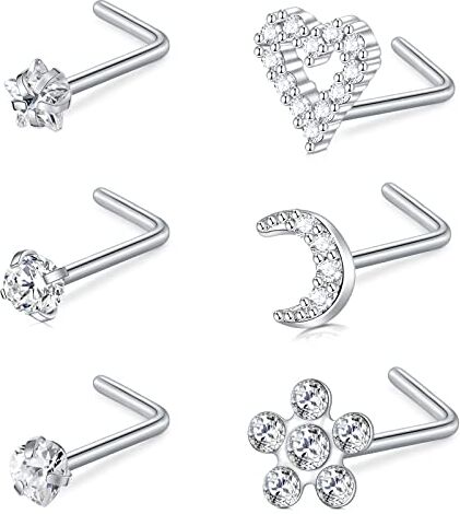 AceFun 18G Curved L-Shaped Nose Studs 1MM Stainless Steel Nose Bar Nostril Piercing Diamond Cubic Zirconia Piercing Body Jewelry Silver Heart Star Flower Moon 7MM