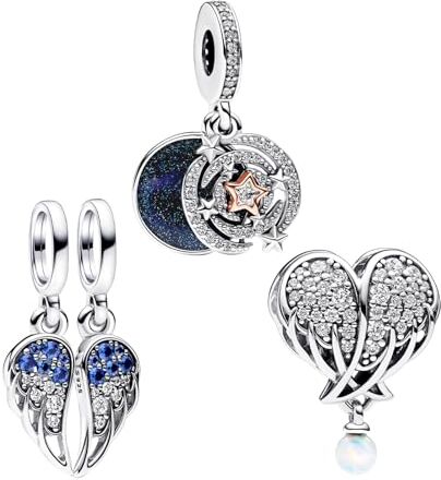 H.ZHENYUE Ciondolo in Argento Sterling 925 Charm Bead Shooting Star Wings Heart con Zirconia,3 confezioni Compatibile Bracciale Collane Europei,festa della mamma,compleanno,regalo Natale ragazze