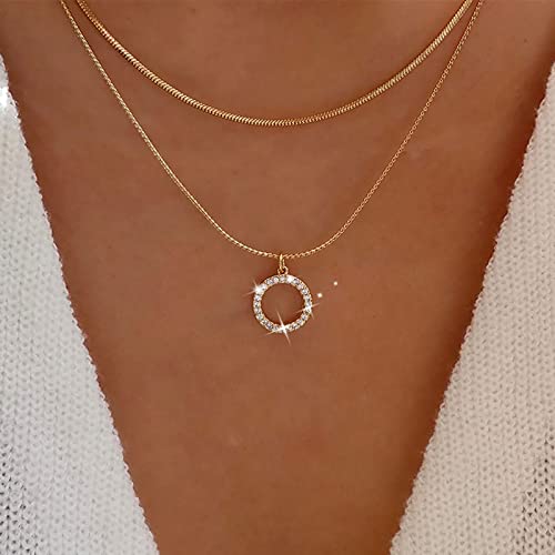 TseenYi Vintage Layered Circle Cz Necklace Collana a catena d'oro a serpente Collana di cristallo scintillante con ciondolo rotondo Cubic Zirconia Halo Collana a catena Gioielli per donne e ragazze