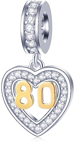 GLOWDAS 80 Anni Anniversario Charms Fit Pandora Braccialetto Aperto, Oro 18K Numero 80 Ciondoli, 925 Argento Sterling 80th Compleanno Cuore Ciondolo Perline con CZ, Regali per Nonna/Nana/Festa della Mamma