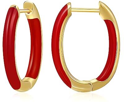 Mesovor Orecchini a Cerchio Color Smalto Placcato Oro 18K, Piccoli Orecchini Huggie Leggeri a Forma di U Regali per Donne Ragazze (Rosso)