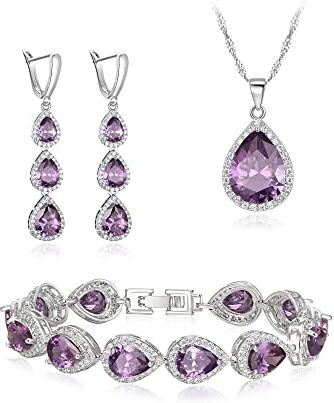 Clearine Set di gioielli da sposa per donne damigella d'onore, Argento placcato Viola Goccia Zirconia cubica Collana lunga Orecchini pendenti Bracciale Set per festa Prom