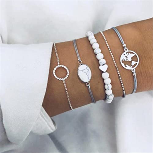 Aneneiceera Semplice Mappa Del Mondo Bracciale Cerchio Mano Catena Boho Perline Rotonde Argento Marmo Perline Bracciali Set Gioielli Regali Per Le Donne Ragazze Adolescenti 5 Pezzi Set