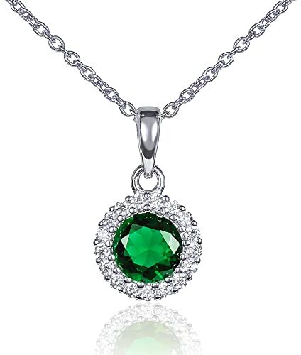 Diamond Treats Collana Verde Smeraldo da Donna in Argento Sterling 925, Collana Halo con una Pietra di Zirconia Cubica Verde Smeraldo, Elegante Collana con Ciondolo Rotondo, Collana Argento 925 Donna