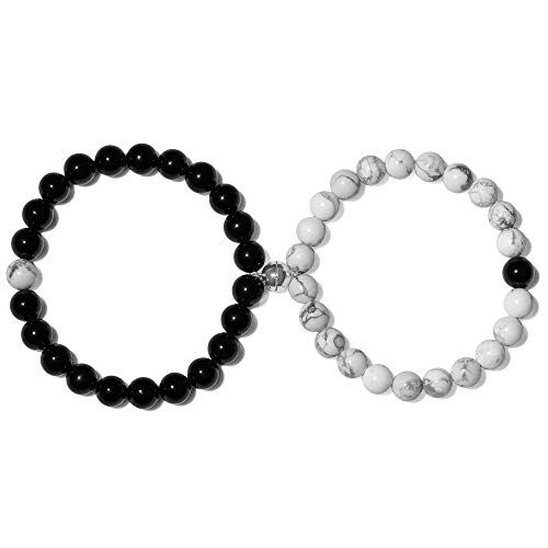 COAI Coppia di Bracciali della Distanza in Howlite e Tormalina Nera con Perla Magnetica in Argento Sterling