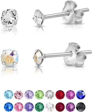 DTPsilver ® Set da 2 Paia Orecchini Punto Luce Argento 925 con Cristalli Swarovski® Elements Orecchini Lobo Donna Orecchini Piccoli con Brillantini 2 mm Colori: Diamante e Aurora Boreale