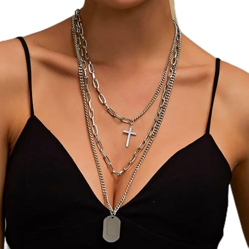 Atentuyi Punk Stratificato Catena Lunga Collana Catena argento Graffetta Collana Croce Collana Choker Stratificazione Ciondolo Quadrato Collana Multistrato Collane Gioielli Per Donne Ragazze E Uomo