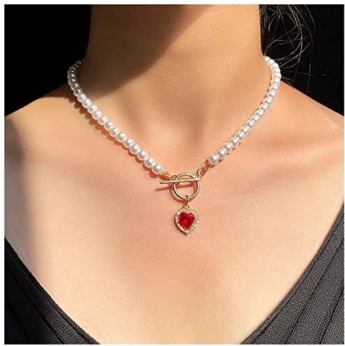 Dervivea Vintage Perla Collana Girocollo Cuore Rosso Gemma Ciondolo Collana Rotonda Perla Catena Collana Rubino Strass Cuore Collana Gioielli Per Le Donne E Le Ragazze