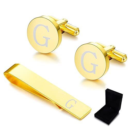 Diamday Gemelli & Fermacravatta Uomo con Iniziali Alfabeto Lettera A-Z Gemelli Fermacravatta Oro personalizzato in acciaio inox Regalo con Scatola per Matrimonio, Sposi, Marito, Padre