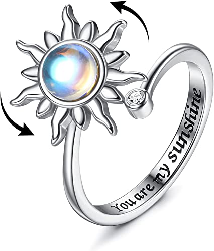 Milacolato Anello Antistress Regolabile Donna Ragazza Argento Loto Fiore Girasole Pietra di Luna Stellata Opale Fidget Anello di Ansia di Spinner Fantasia Gioielli Bluesun