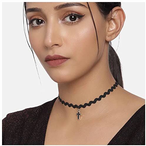 Allereya Collana girocollo con cordino nero punk Collana con ciondolo croce nera Collana girocollo pizzo elasticizzato Collana tatuaggio in pizzo elasticizzato Gioielli per donne e ragazze Regali(A)