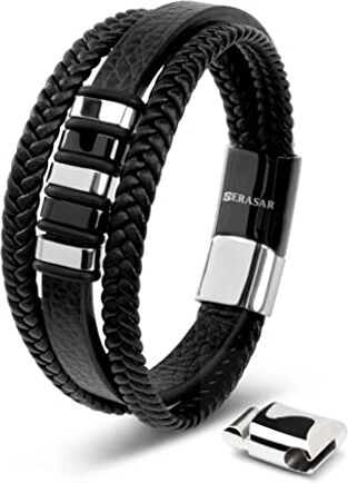 SERASAR Bracciale Uomo Pelle Argento 20cm Braccialetto Cuoio Aggiustabile Magnetico Perline Nere