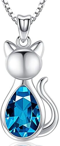 Friggem Collana Pietra natale March, Ciondolo Gatto pietra di compleanno in Argento Sterling 925 e Collana Donna Ciondolo Regali per mamme ragazze signore amanti mogli