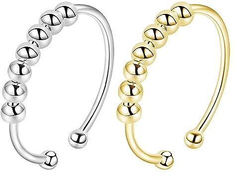 LENTQIUTT 2 Pcs Anello antistress Set di anelli ansiolitici Anello antistress da donna Anello da polpastrello Unisex Anello da polpastrello regolabile da donna e da uomo (argento dorato)