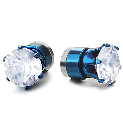 COOLSTEELANDBEYOND 8MM Blu Magnetico Zirconi Orecchini da Uomo Donna, Acciaio, Click-on Fake Piercing Finto Dilatatore Fake Plug, 1 Paio