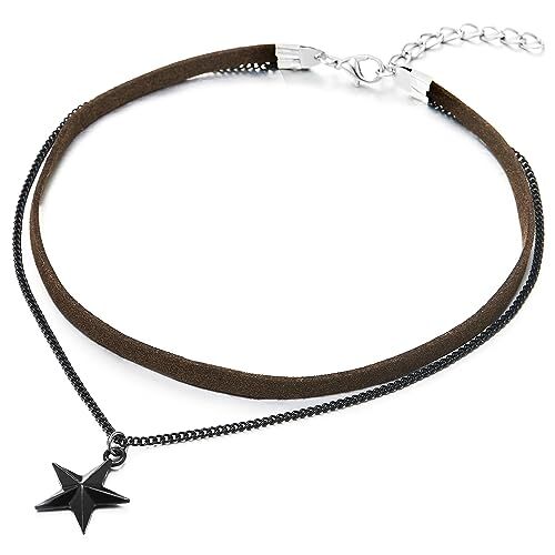 COOLSTEELANDBEYOND Due File Collana Girocollo Choker Marrone da Donna, Ciondolo, Nero Catena e Stella Pentagramma Charm Pendente