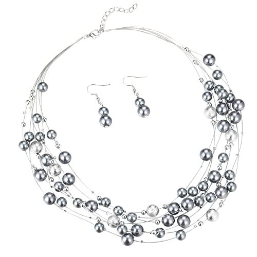 FULU AUTUMN Collana a Strati di Perle da Donna Grosse Collane Bohémien Bigiotteria Corta in Argento Donna Regali Compleanno(37-Grey)