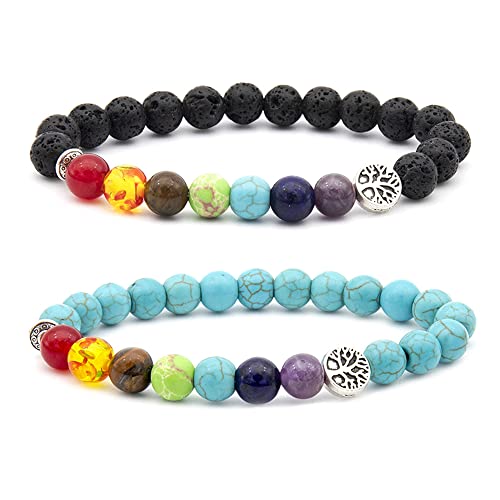 MINGZE 8MM naturali pietre Bracciale, 7 chakra pietra naturale per yoga Reiki Healing Armonia E Protezione, Per Uomo Donna Coppia Anniversario Regalo Madre (2 pezzi albero della vita)