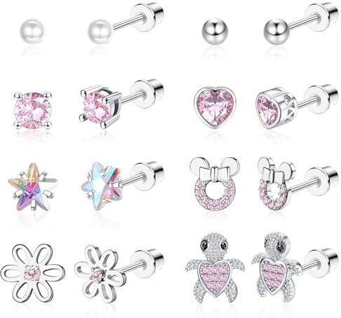 JeweBella 6-10Paia Piccoli Orecchini Bambina Anallergici Acciaio Chirurgico Ipoallergenico Orecchini a Cerchio Farfalla Carina Zircone Fiore Multicolore Cartilagine Set di Orecchini per Donna Ragazze