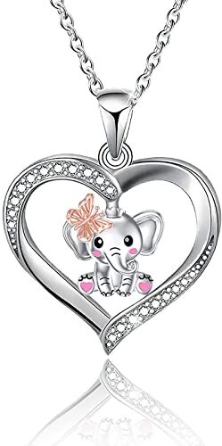 Dishowme Collana con ciondolo a forma di elefante a forma di farfalla Collana con croce di fiori di cristallo di rosa Collana a catena per donne, ragazze, adolescenti (Elefante)