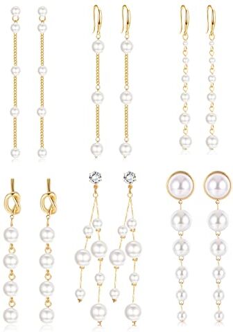 Milacolato 6Paia Orecchini Perle Lunghi per Donna Orecchini Pendenti con Perle Placcate Oro 14K Nappa Orecchini Pendenti con Perle in Argento Oro Orecchini Perle Gioielli per Matrimoni Nuziali oro