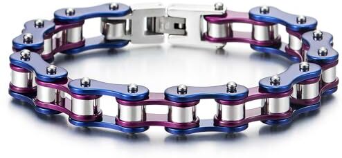 COOLSTEELANDBEYOND Maschile Catena di Bicicletta Moto Bracciale da Uomo, Acciaio, Blu Viola Argento Tre Tono Lucidato a Specchio