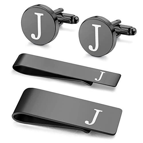 Morfetto 4 Pz Nero in Acciaio Inox inciso Iniziale Gemelli e Tie Bar fermasoldi Set Tie Clip con Confezione Regalo per Best Man Sposo Wedding Business Lettera J