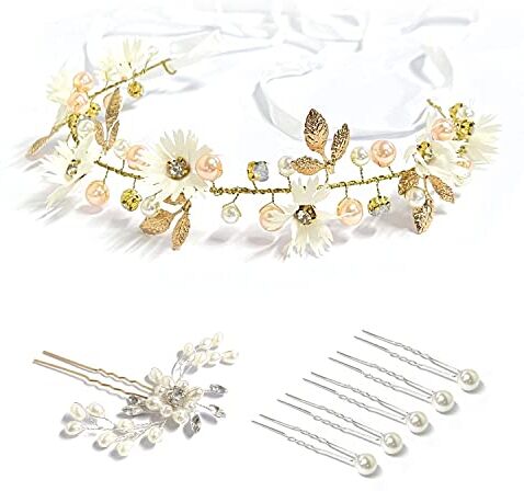 ZWZNBL 7 pezzi fascia da sposa con cristalli, forcine con perle, fascia regolabile, accessori di nozze per capelli, fermagli di nozze per capelli, compleanno, festa, spiaggia