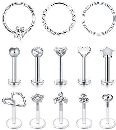 AceFun 1.2mm Piercing Cartilagine Trago Helix Orecchini 16G Acciaio Chirurgico e Acrilico Bioflex Trasparente Piercing Labbro Naso retainers Argento Piercing Gioielli per Donna Uomo