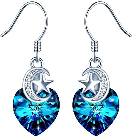 INFINIONLY Orecchini cuore in Cristallo blu, Orecchini di cristallo da donna e ragazza, in argento 925, Decorato con stelle e luna, Zircone intarsiato, Gioielli eleganti