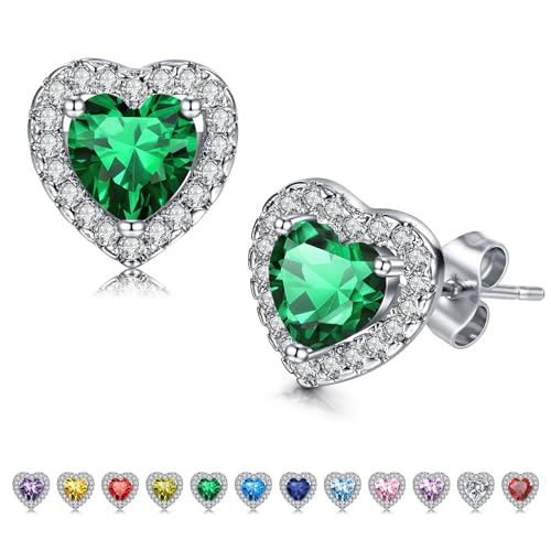 NIUSIMAN Cuore Birthstone Orecchini Donna, Oro Bianco Placcato S925 Piercing Orecchio acciaio chirurgico per le Donne Ragazze Mamma Cuore Emerald Birthstone Orecchini San Valentino Compleanno Maggio