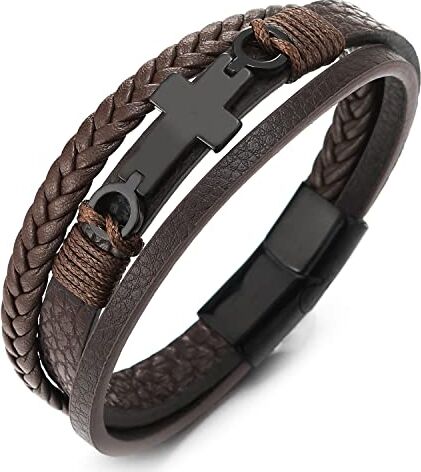 COOLSTEELANDBEYOND Nero Acciaio Lato Orizzontale Laterale Piatto Croce Tre Filoni Marrone Intrecciato Pelle Bracciale Cuoio, Uomo Donna