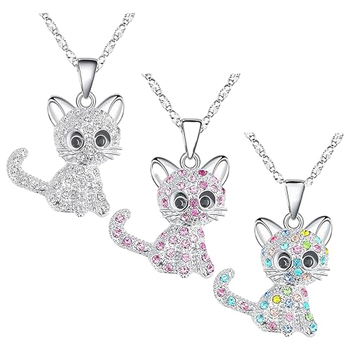 COACOM Collana a 3 pezzi con ciondolo a forma di gatto di diamante, collana versatile, elegante ed elegante, accessorio versatile, ciondolo di cristallo cartoni animati, regalo di compleanno, Zinco