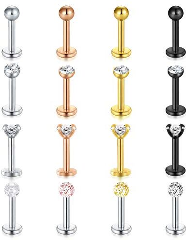 Mayhoop 16 Pezzi 16G Piercing Labbro Trago in Acciaio Chirurgico CZ Anelli al Labbro Helix Cartilagine Orecchino Mescolare Il Colore Piercing del Corpo Barra 6mm