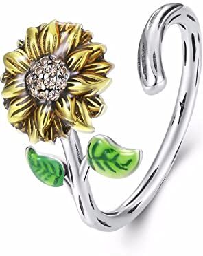 Qings Anello Regolabile Girasole in Argento 925, Anelli Aperti Fiori Regalo di Compleanno per Donna Ragazze