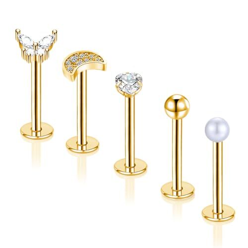 Gojewen 5 pezzi piercing labbro 10mm piercing Labret In acciaio inox 16G Oro piercing trago Medusa Labret labbro Gioielli per piercing Cuore Luna et Farfalla in CZ