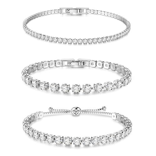 Dochais 3 Pezzi Set Tennis Bracciale Donna Argento, Braccialetto Tennis Zirconi, Braccialetti Diamond, Bracciale Strass Donna per Donne Ragazze Regalo Gioielleria