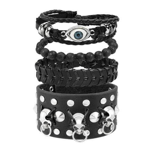 JJDreams Bracciale in pelle Uomo Set Bracciale Punk Bracciale Largo Rocker Bracciale Nero Teschio Bangles Gotico