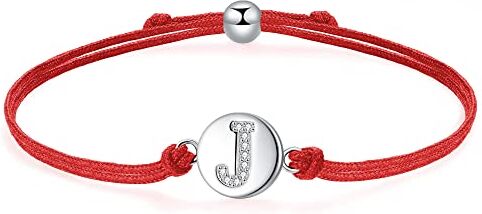 J.Endéar Bracciale Lettera J in Argento Sterling 925, Lettera Iniziale Disco con Catena in Filigrana Fatta a Mano Regolabile da 24cm, Rosso