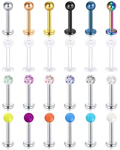 Rajnard 24pcs Piercing Labret Labbro 16G Acciaio Chirurgico e plastica Piercing Cartilagine Tragus Helix Monroe Medusa Piercing Gioielli per Donna Uomo 8mm