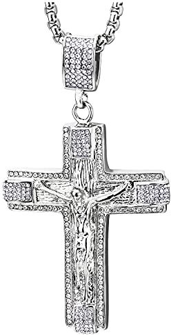 COOLSTEELANDBEYOND Grande Collana con Pendente Gesù Cristo Crocifisso Croce con Zirconi, Uomo Donna Ciondolo Croce, Acciaio, 75CM Catena