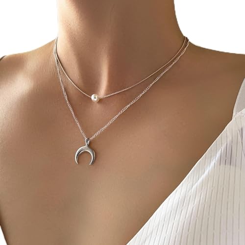 TseenYi Collana D'argento A Strati Collana Con Ciondolo A Mezzaluna Collana Di Perle Vintage Collane Di Gioielli Per Donne E Ragazze Regali